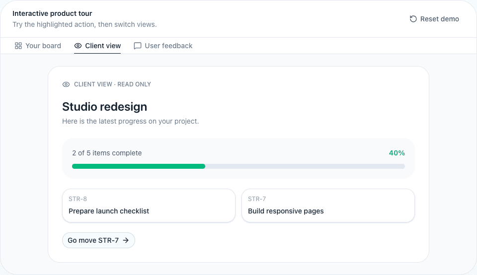Fictional Studio redesign demo showing the read-only client progress view.